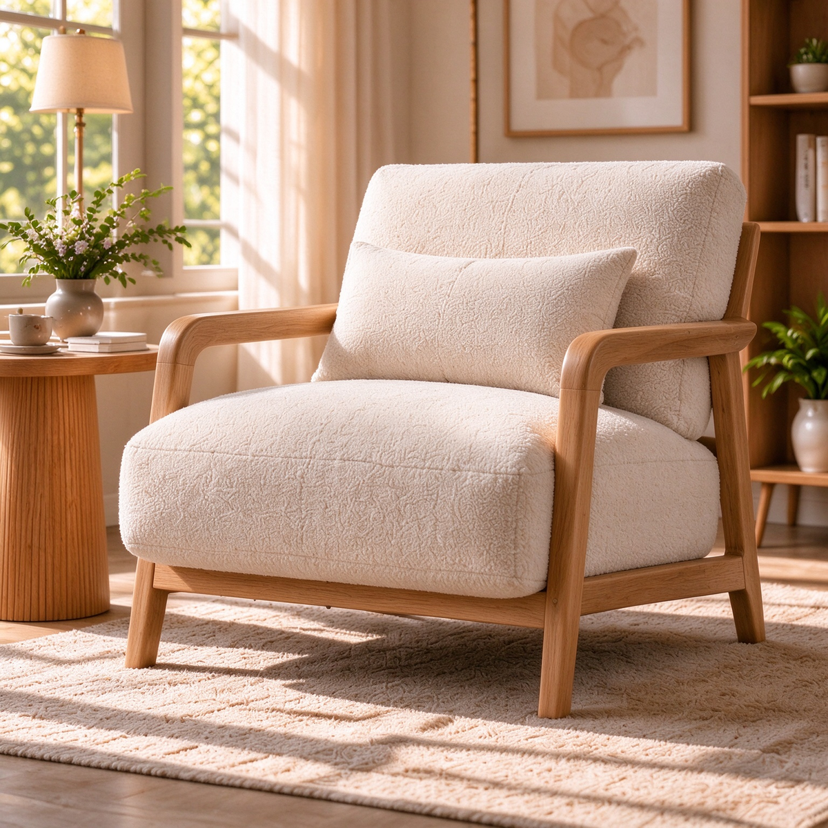LUNA Solid Wood Bouclé Accent Chair - Natural Oak Ivory