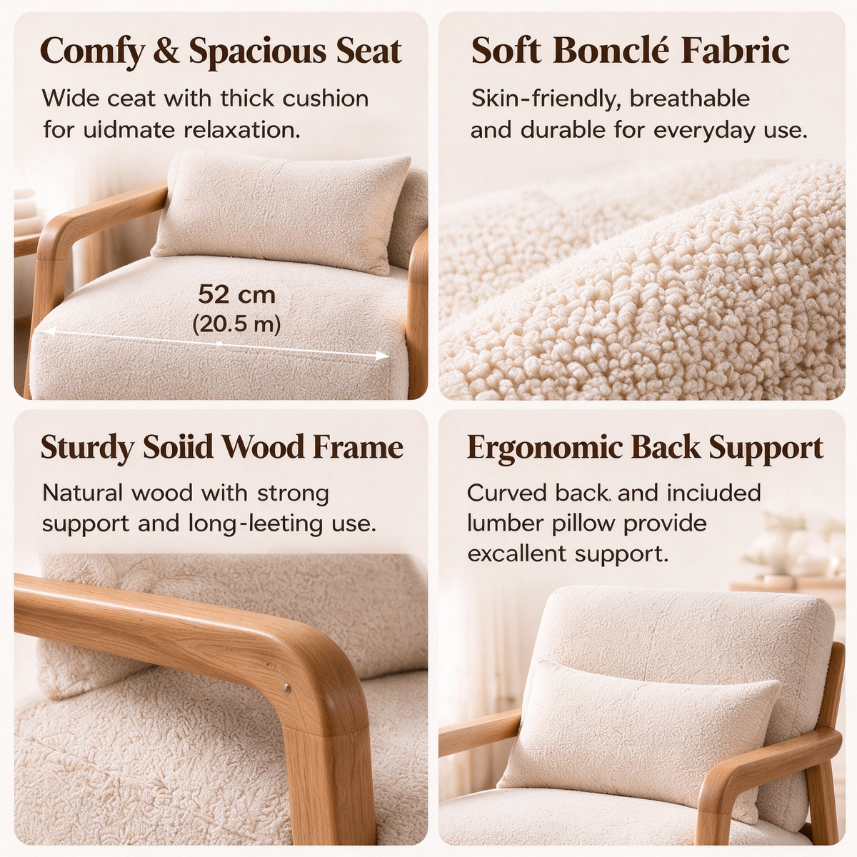 LUNA Solid Wood Bouclé Accent Chair - Natural Oak Ivory