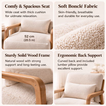 LUNA Solid Wood Bouclé Accent Chair - Natural Oak Ivory