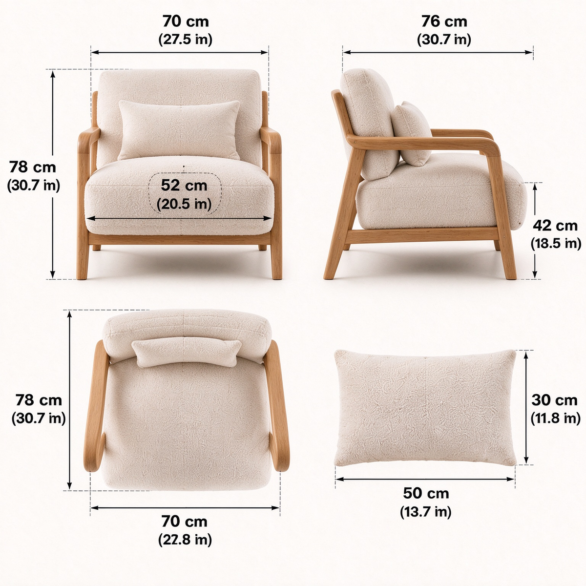 LUNA Solid Wood Bouclé Accent Chair - Natural Oak Ivory