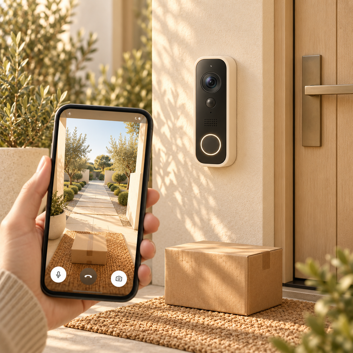 Smart Video Doorbell Camera with 150° Panoramic View - Natural Oak Ivory