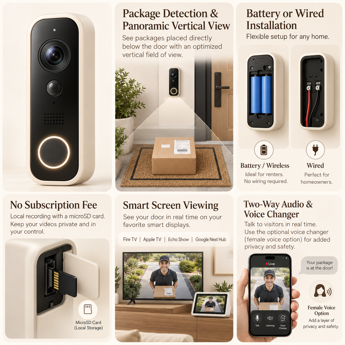 Smart Video Doorbell Camera with 150° Panoramic View - Natural Oak Ivory