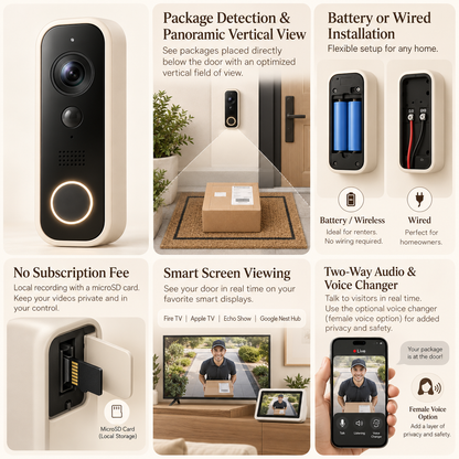 Smart Video Doorbell Camera with 150° Panoramic View - Natural Oak Ivory