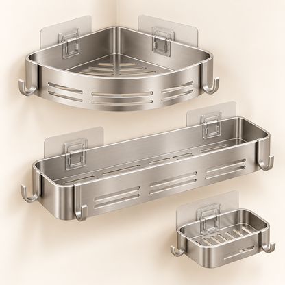 Premium Stainless Steel Adhesive Shower Caddy Set - Natural Oak Ivory