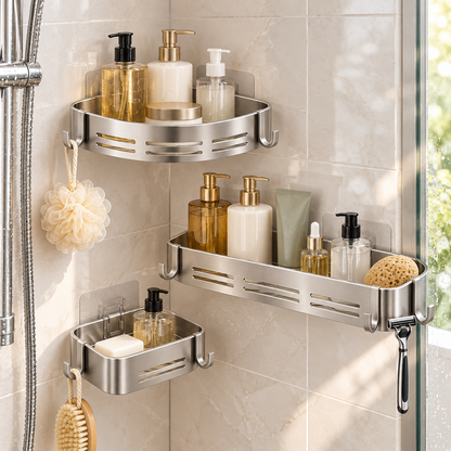 Premium Stainless Steel Adhesive Shower Caddy Set - Natural Oak Ivory