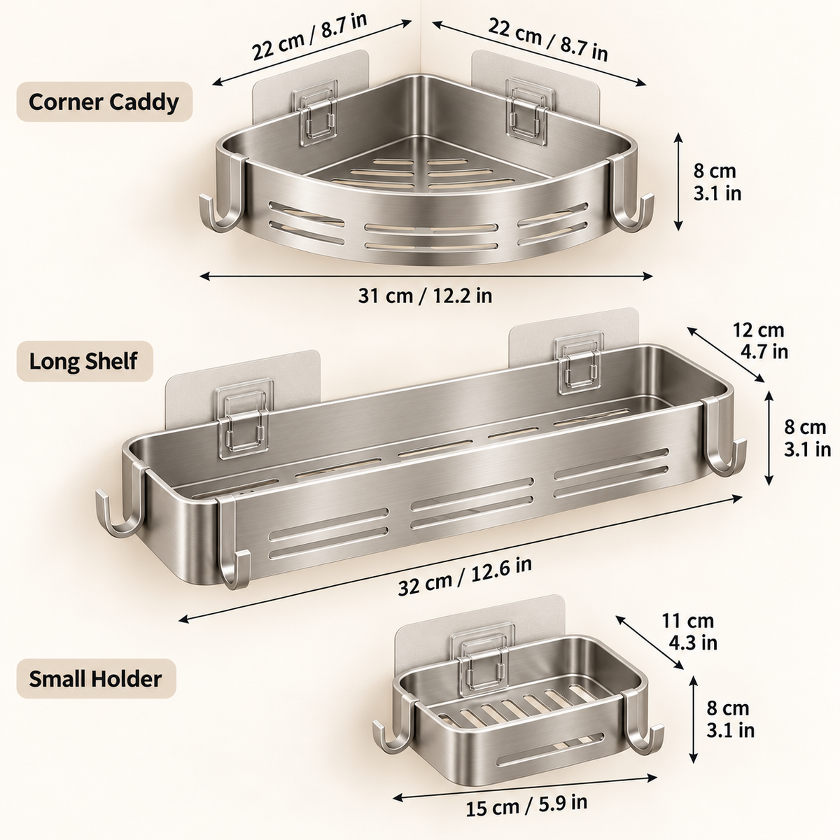 Premium Stainless Steel Adhesive Shower Caddy Set - Natural Oak Ivory