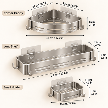 Premium Stainless Steel Adhesive Shower Caddy Set - Natural Oak Ivory