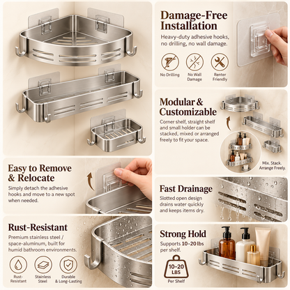 Premium Stainless Steel Adhesive Shower Caddy Set - Natural Oak Ivory