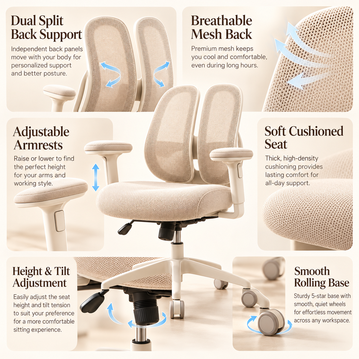 Ergonomic Dual Back Mesh Office Chair - Natural Oak Ivory