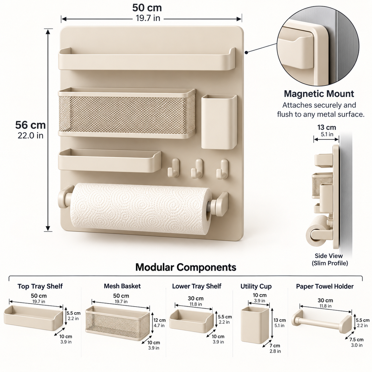 Magnetic Modular Kitchen Organizer Wall Rack - Natural Oak Ivory