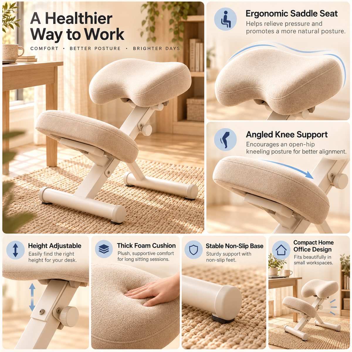 Ergonomic Kneeling Chair for Better Posture - Natural Oak Ivory