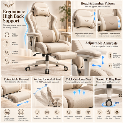 Ergonomic Reclining Office Chair with Footrest - Natural Oak Ivory