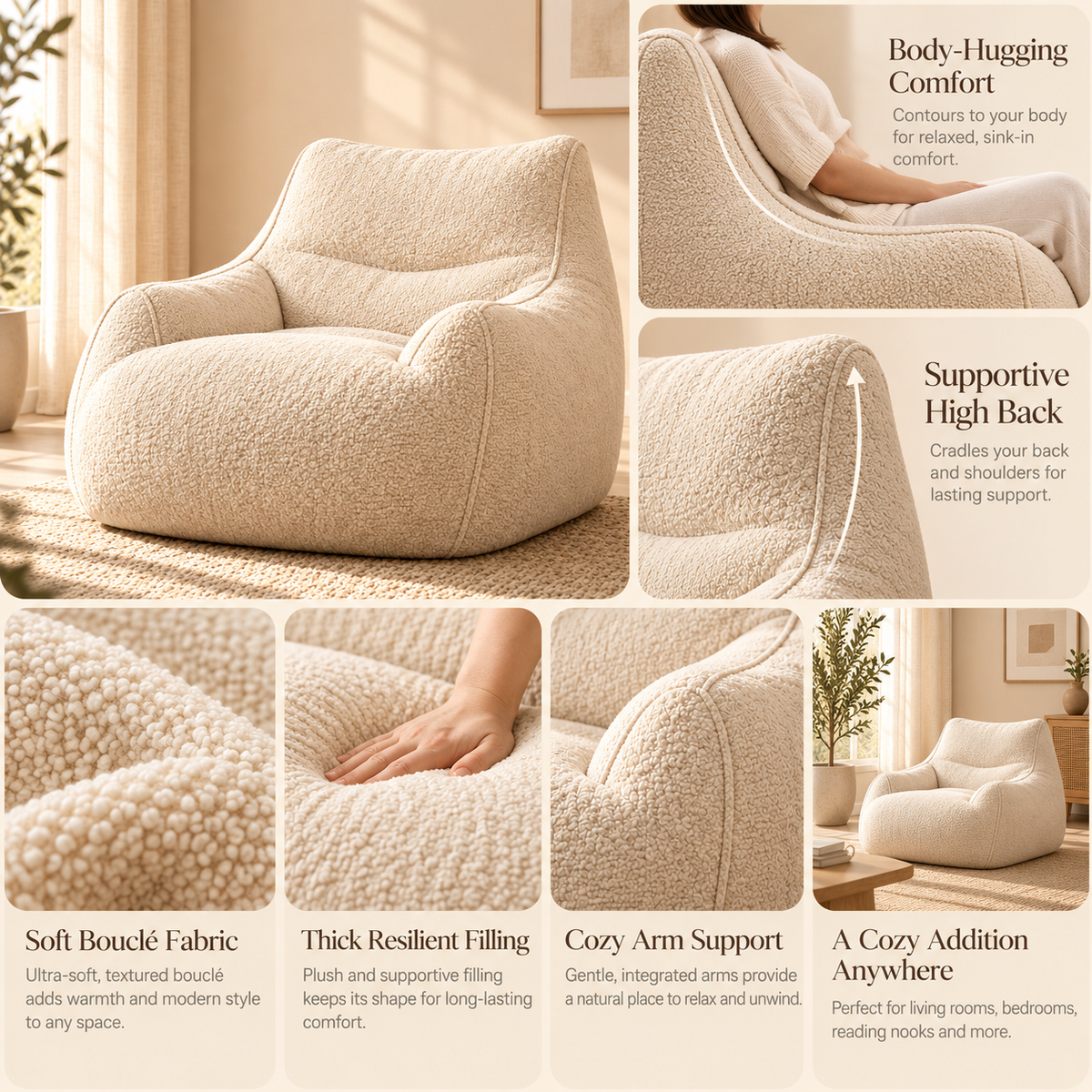 Modern Bouclé Lounge Chair - Cozy Oversized Accent Armchair