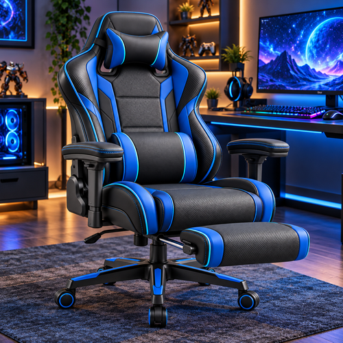 Premium Gaming Ergonomic Chair with Retractable Footrest - Black & Blue