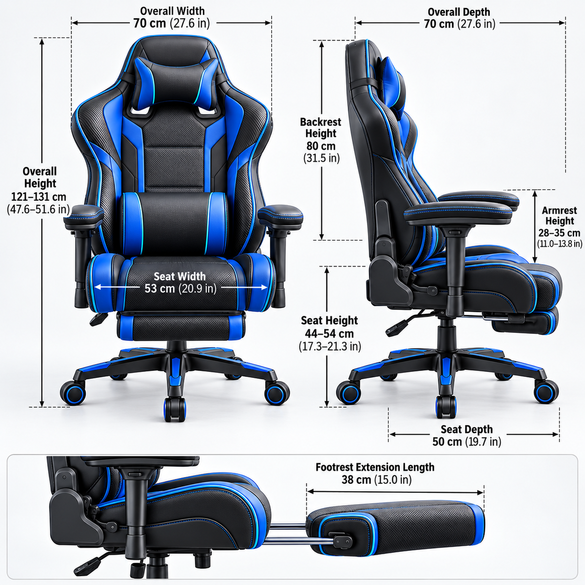 Premium Gaming Ergonomic Chair with Retractable Footrest - Black & Blue
