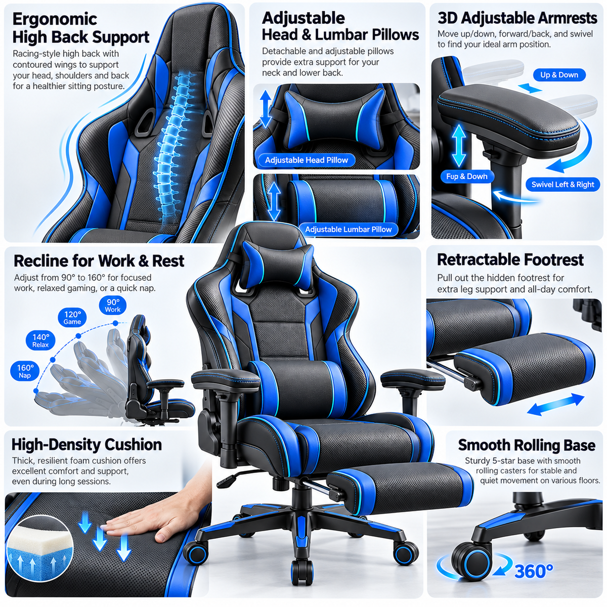 Premium Gaming Ergonomic Chair with Retractable Footrest - Black & Blue