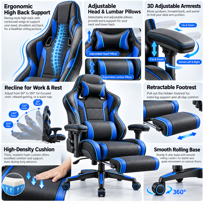 Premium Gaming Ergonomic Chair with Retractable Footrest - Black & Blue